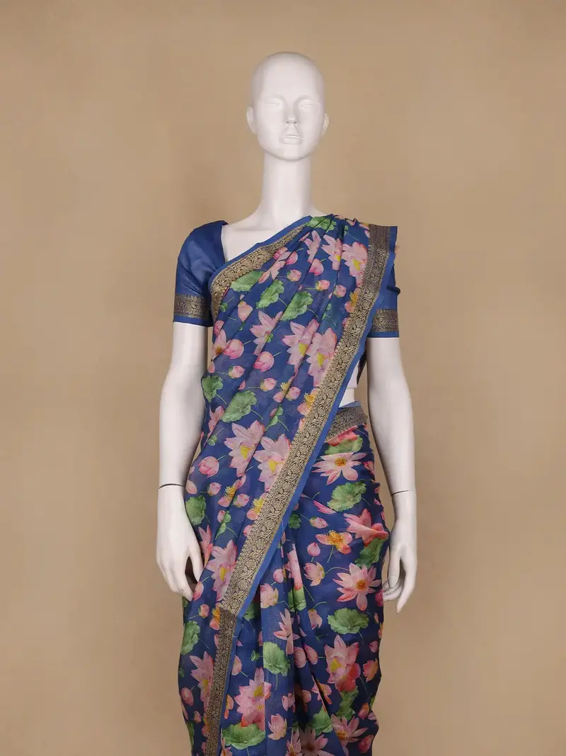 Navy Blue Floral Designed Chanderi Cotton Saree 2
