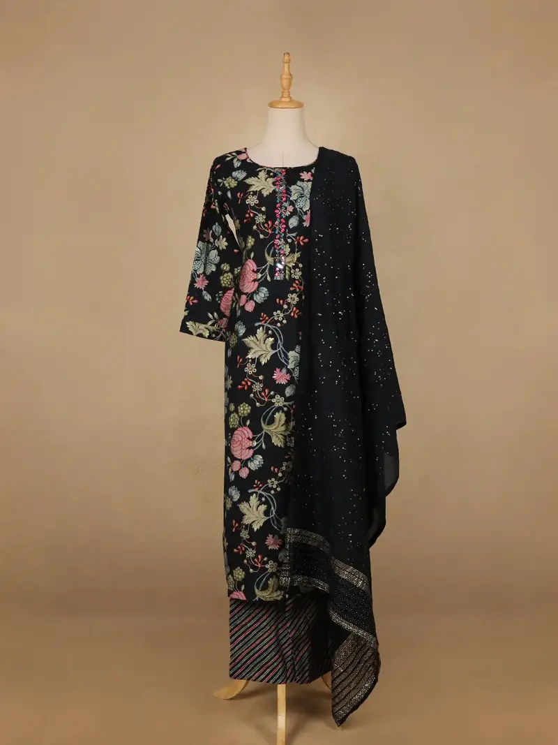Navy Blue Floral Designed Cotton Salwar Suit 1