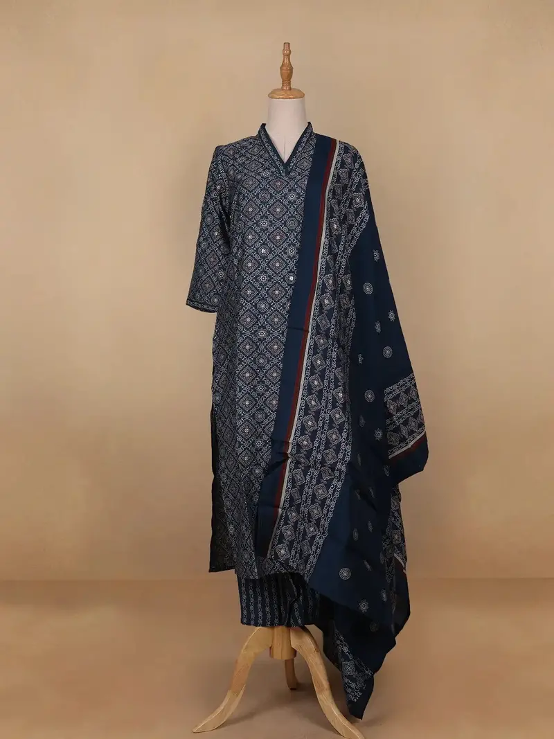 Navy Blue Floral Designed Cotton Salwar Suit 1