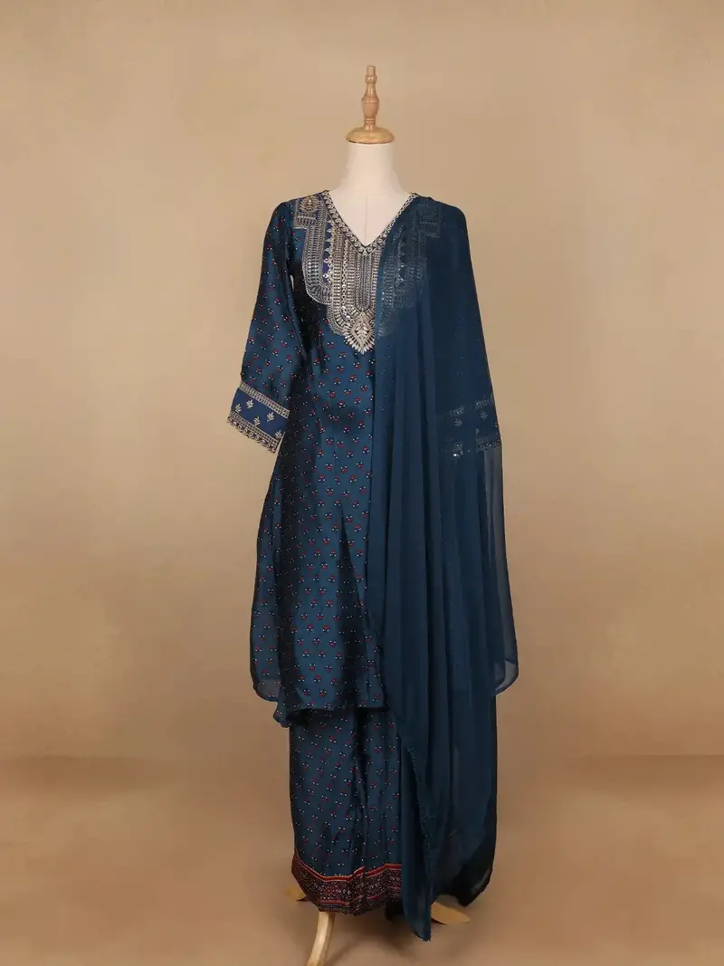 Navy Blue Floral Designed Semi Silk Salwar Suit 1