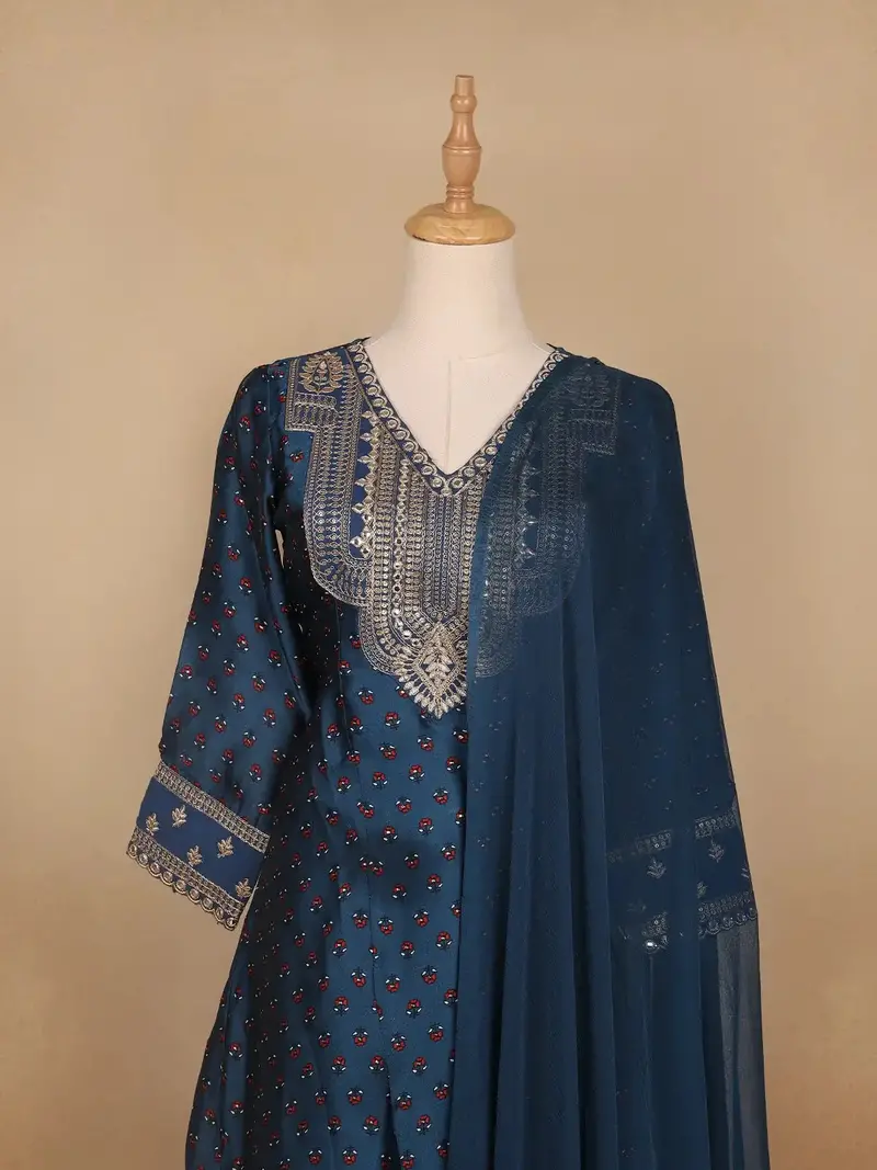 Navy Blue Floral Designed Semi Silk Salwar Suit 2