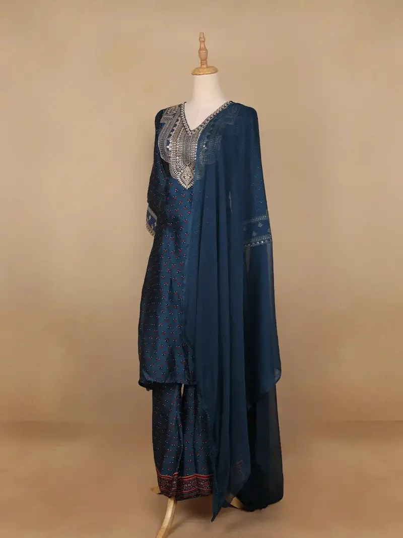 Navy Blue Floral Designed Semi Silk Salwar Suit 3
