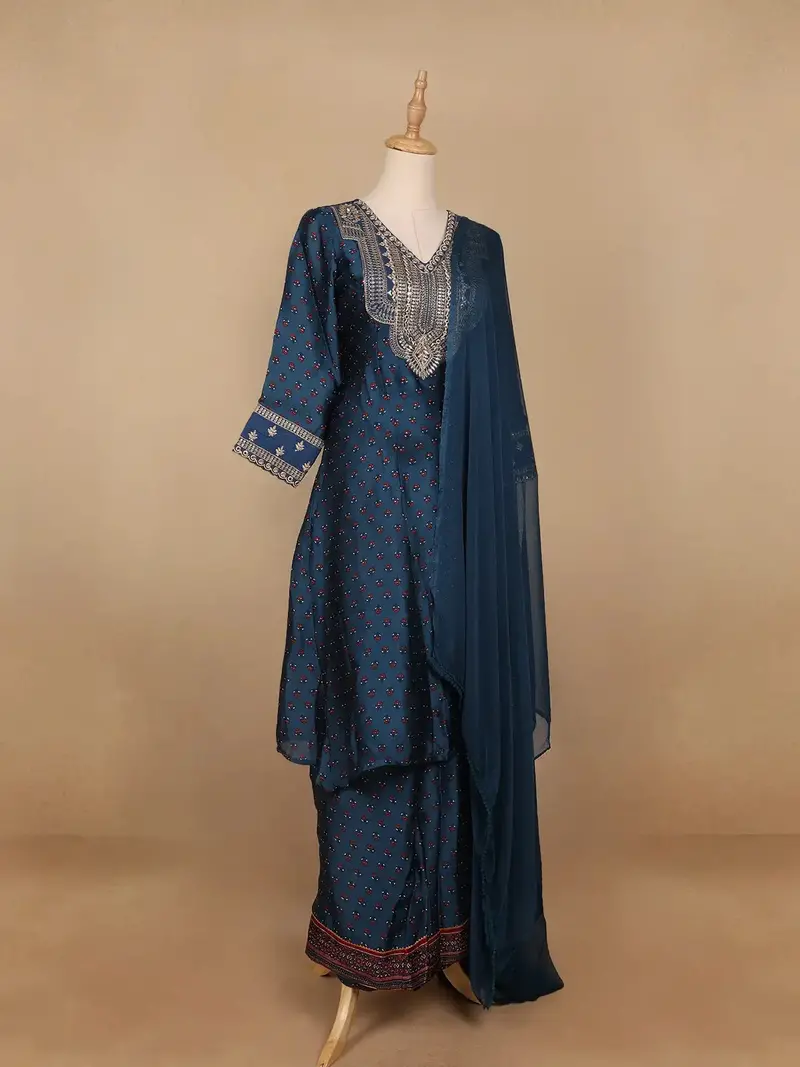 Navy Blue Floral Designed Semi Silk Salwar Suit 4