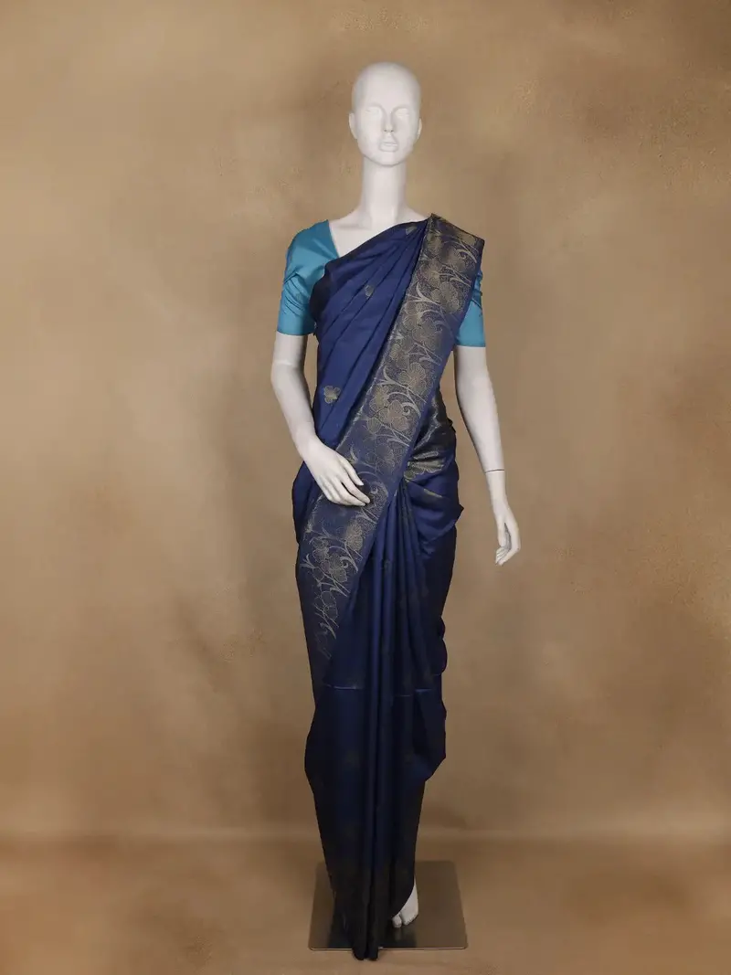 Navy Blue Floral Designed Semi Tussar Saree 1