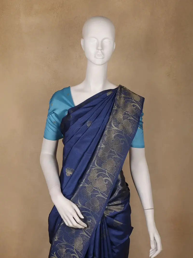 Navy Blue Floral Designed Semi Tussar Saree 2
