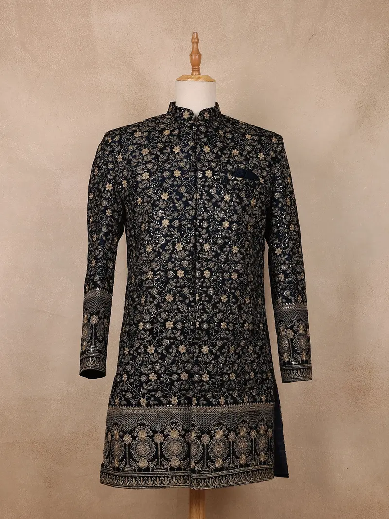 Navy Blue  Floral Designed Velvet Sherwani Suit 1