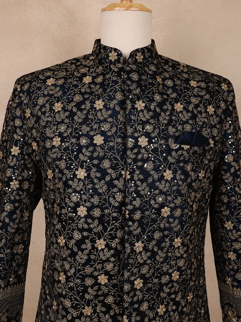 Navy Blue Floral Designed Velvet Sherwani Suit 2