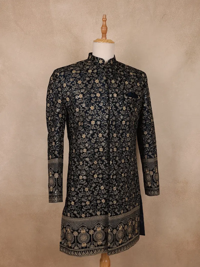 Navy Blue Floral Designed Velvet Sherwani Suit 3