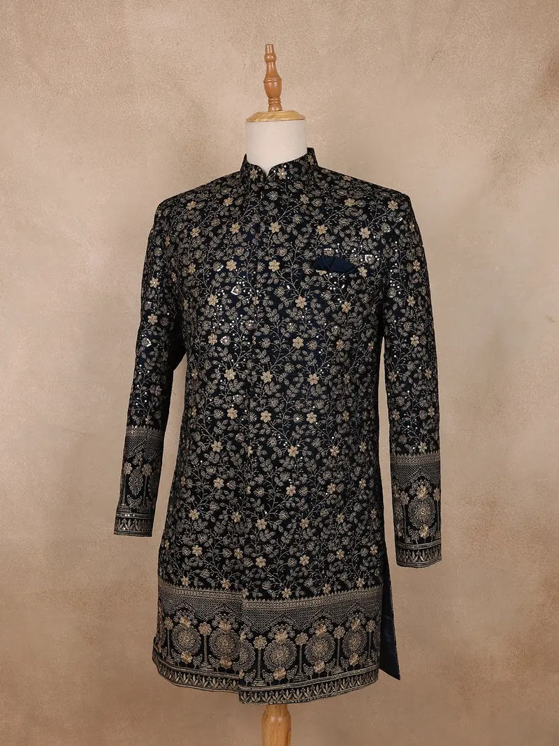 Navy Blue Floral Designed Velvet Sherwani Suit 4