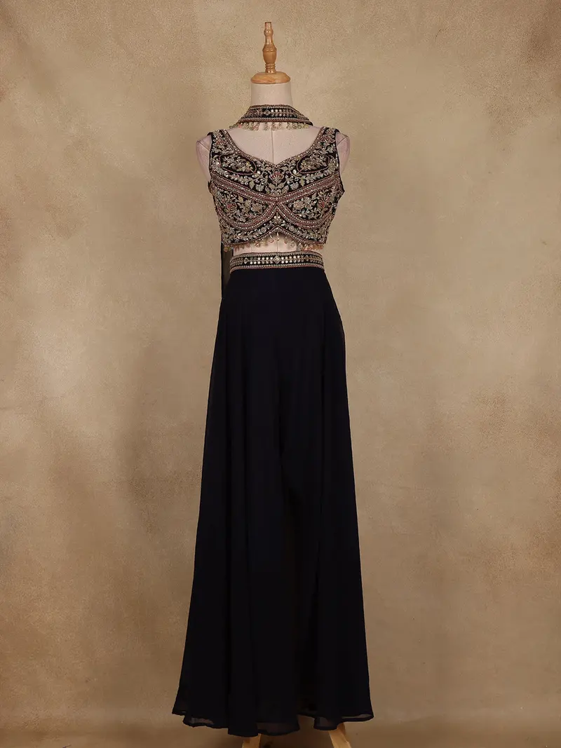 Navy Blue Floral Embroidered Chiffon Palazzo Suit 1