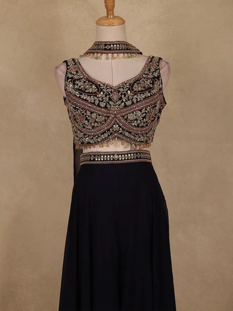 Navy Blue Floral Embroidered Chiffon Palazzo Suit 2