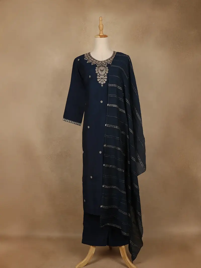 Navy Blue Floral Embroidered Cotton Salwar Suit With Dupatta 1