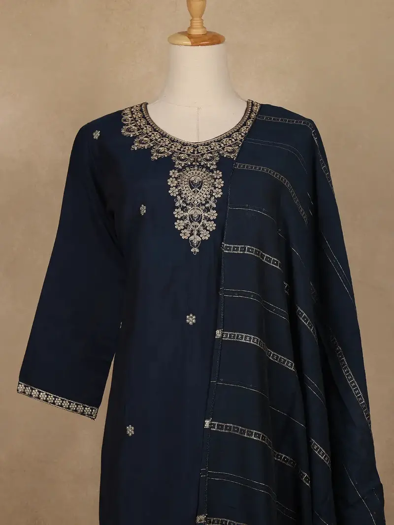 Navy Blue Floral Embroidered Cotton Salwar Suit With Dupatta 2