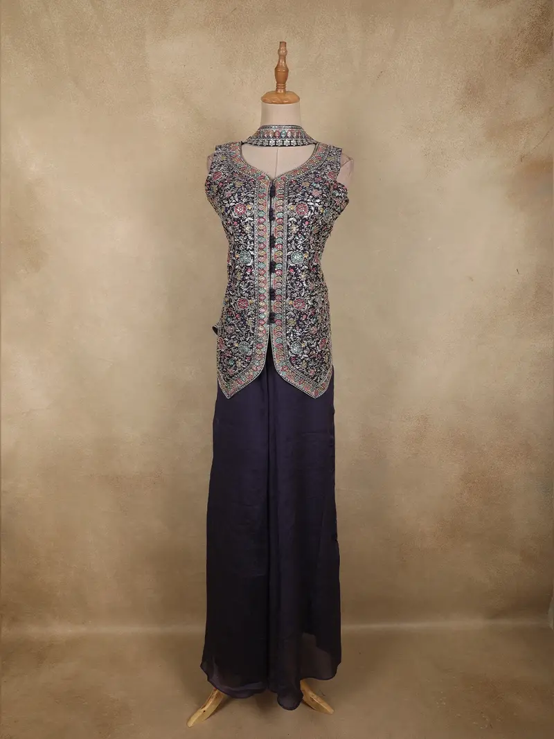 Navy Blue Floral Embroidered Design Chiffon Palazzo Suit With Dupatta 1