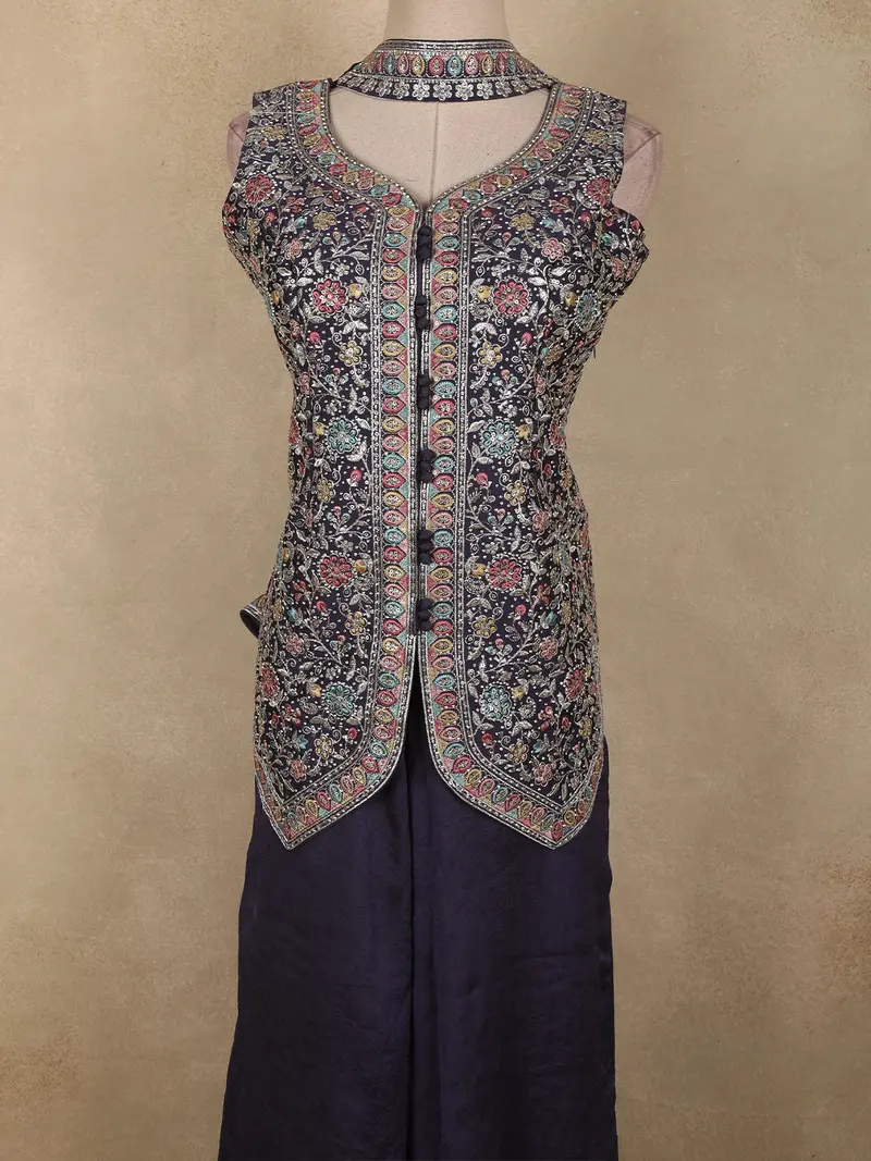 Navy Blue Floral Embroidered Design Chiffon Palazzo Suit With Dupatta 2