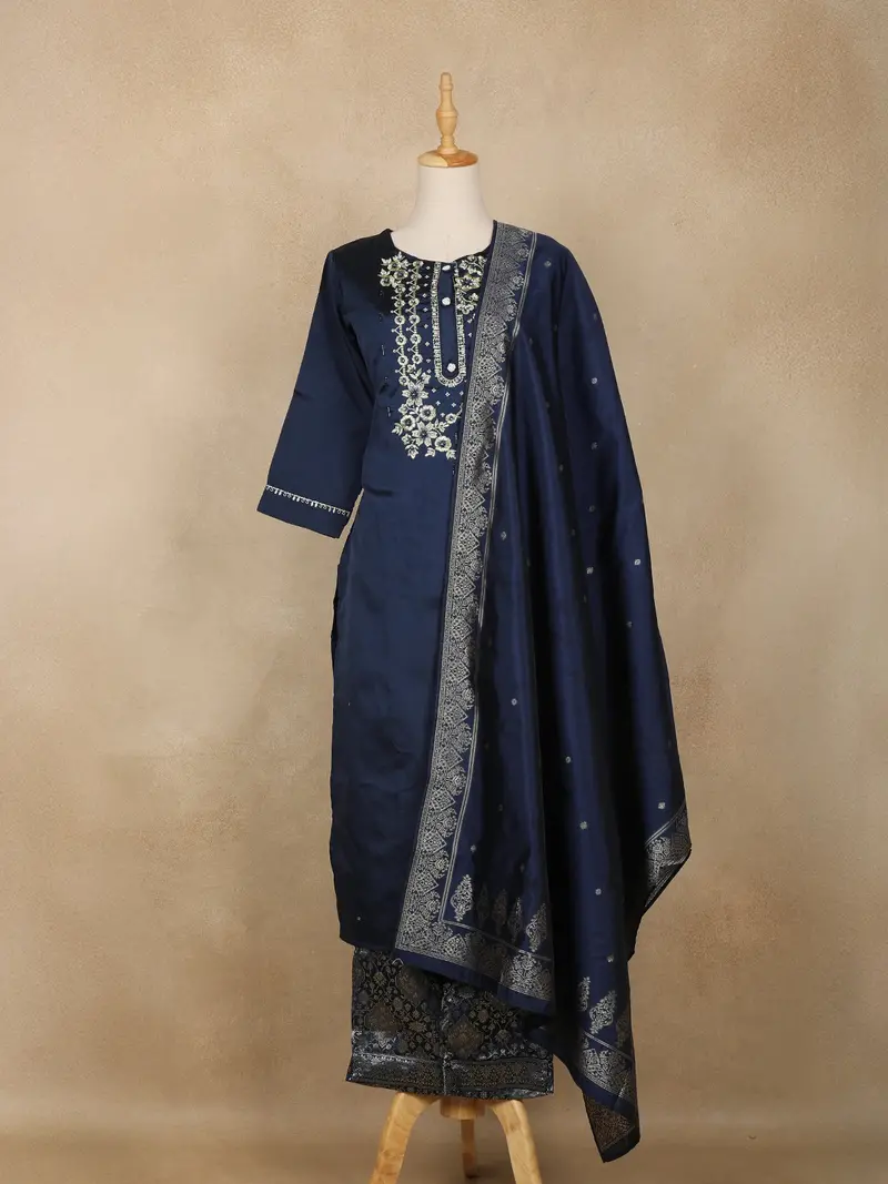 Navy Blue Floral Embroidered Design Semi Silk Salwar Suit 1