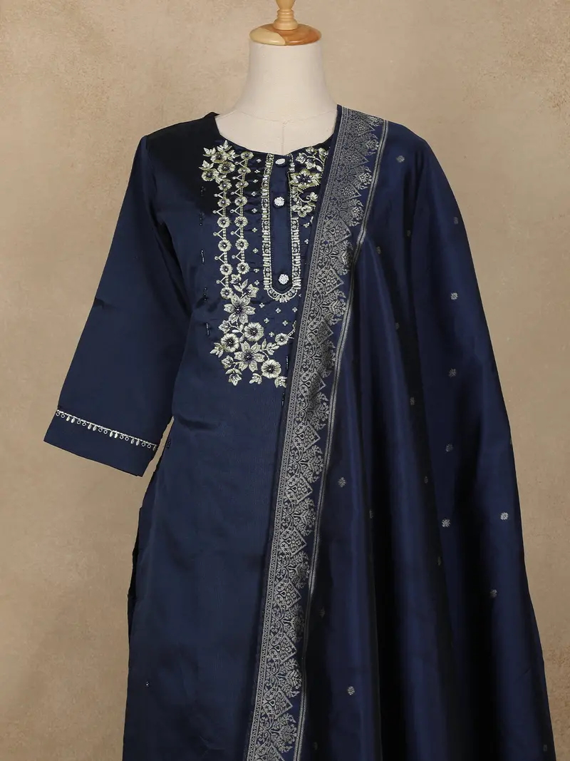 Navy Blue Floral Embroidered Design Semi Silk Salwar Suit 2