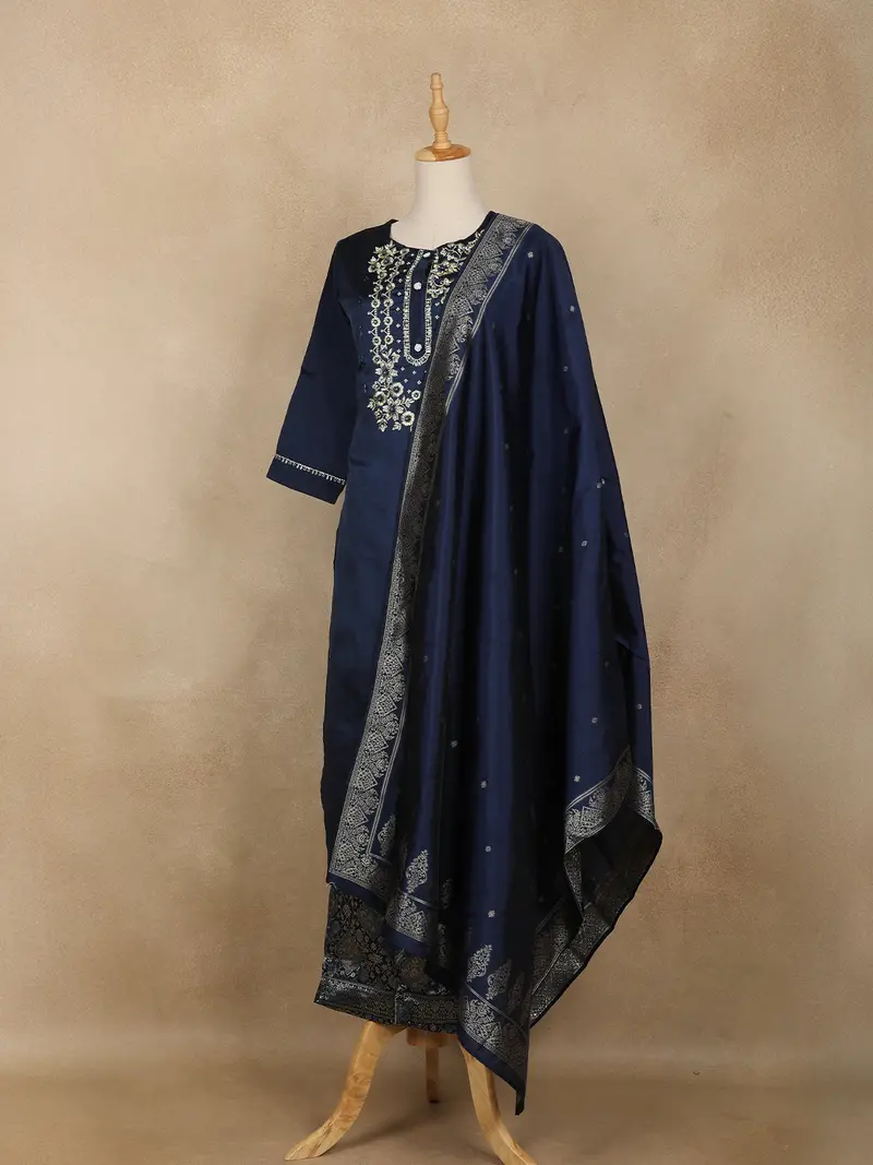 Navy Blue Floral Embroidered Design Semi Silk Salwar Suit 3