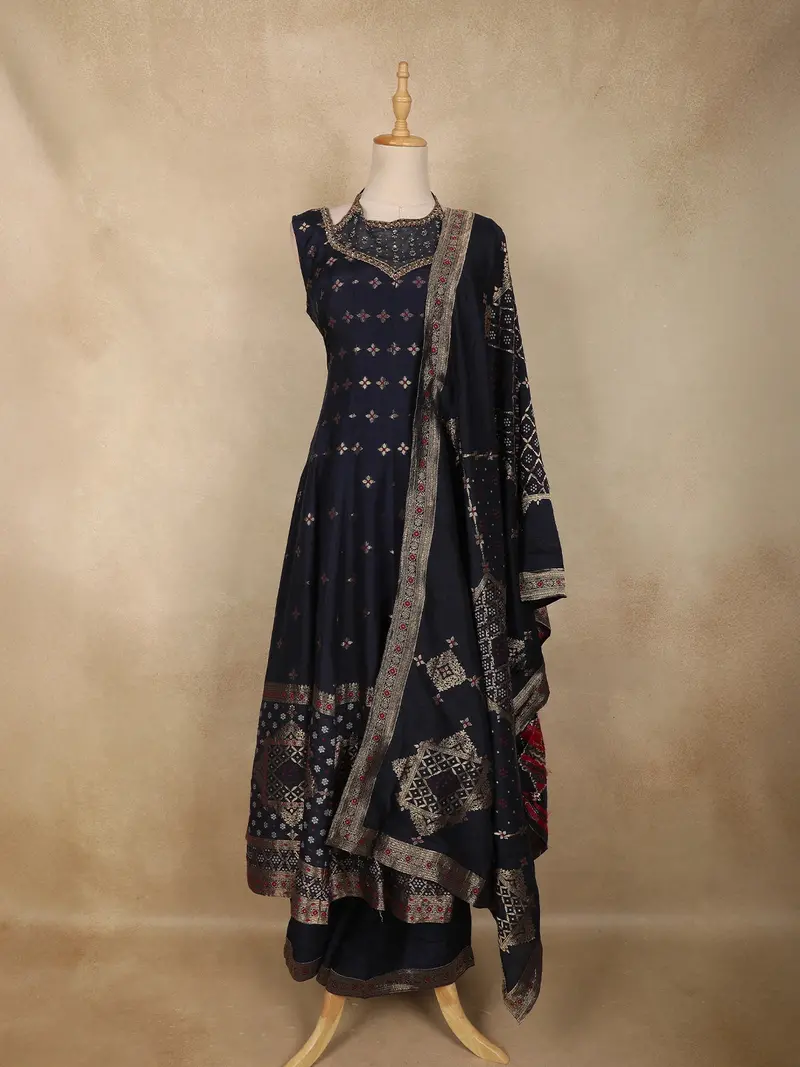 Navy Blue Floral Embroidered Design Silk Palazzo Suit With Designer Dupatta 1