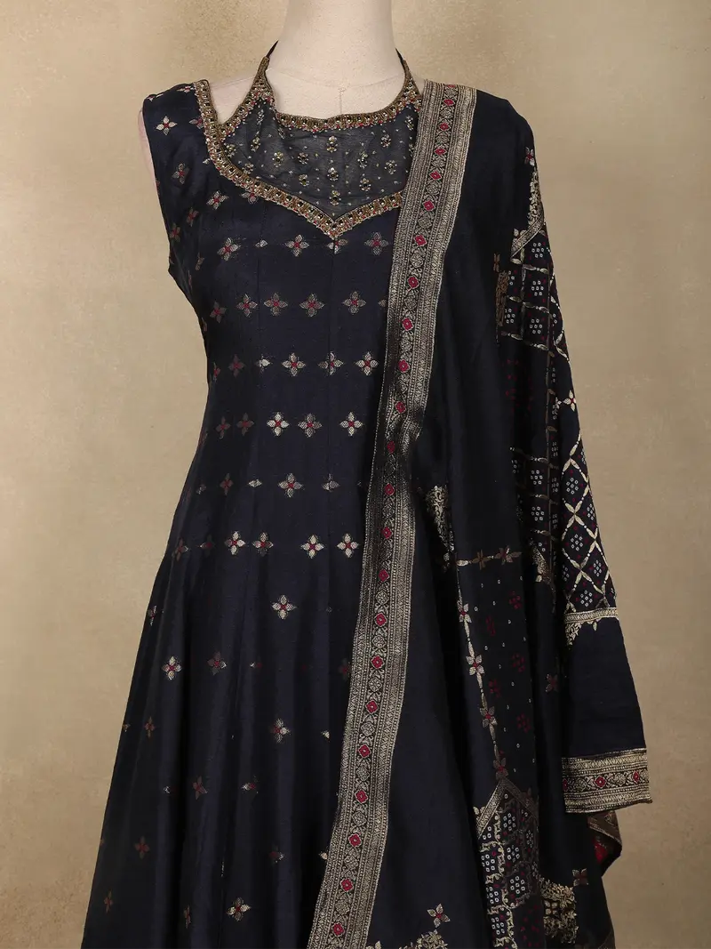 Navy Blue Floral Embroidered Design Silk Palazzo Suit With Designer Dupatta 2