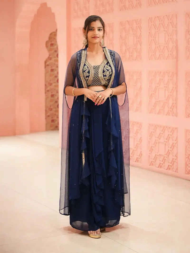 Navy Blue Floral Embroidered Georgette Indo-Western Lehenga With Cape 1