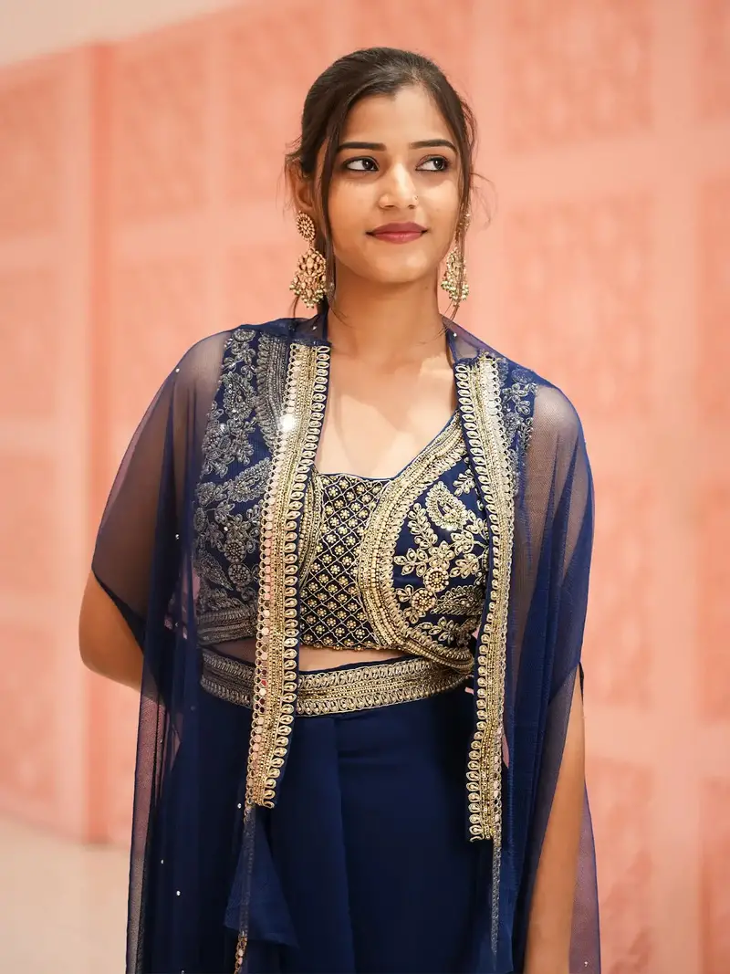 Navy Blue Floral Embroidered Georgette Indo-Western Lehenga With Cape 2