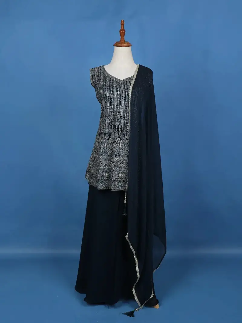 Navy Blue Floral Embroidered Georgette Palazzo Suit 1