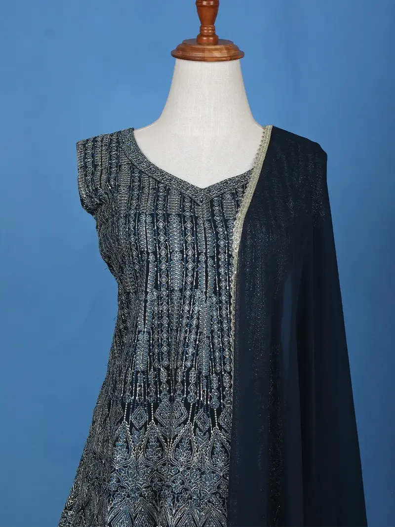 Navy Blue Floral Embroidered Georgette Palazzo Suit 2