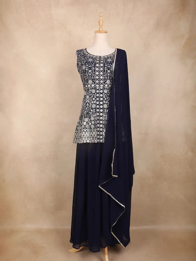 Navy Blue Floral Embroidered Georgette Peplum Palazzo Suit With Dupatta 1