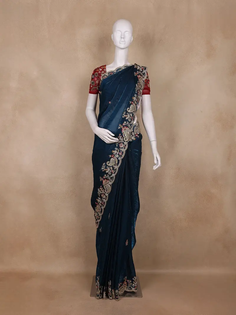Navy Blue Floral Embroidered Tissue Organza Saree 1