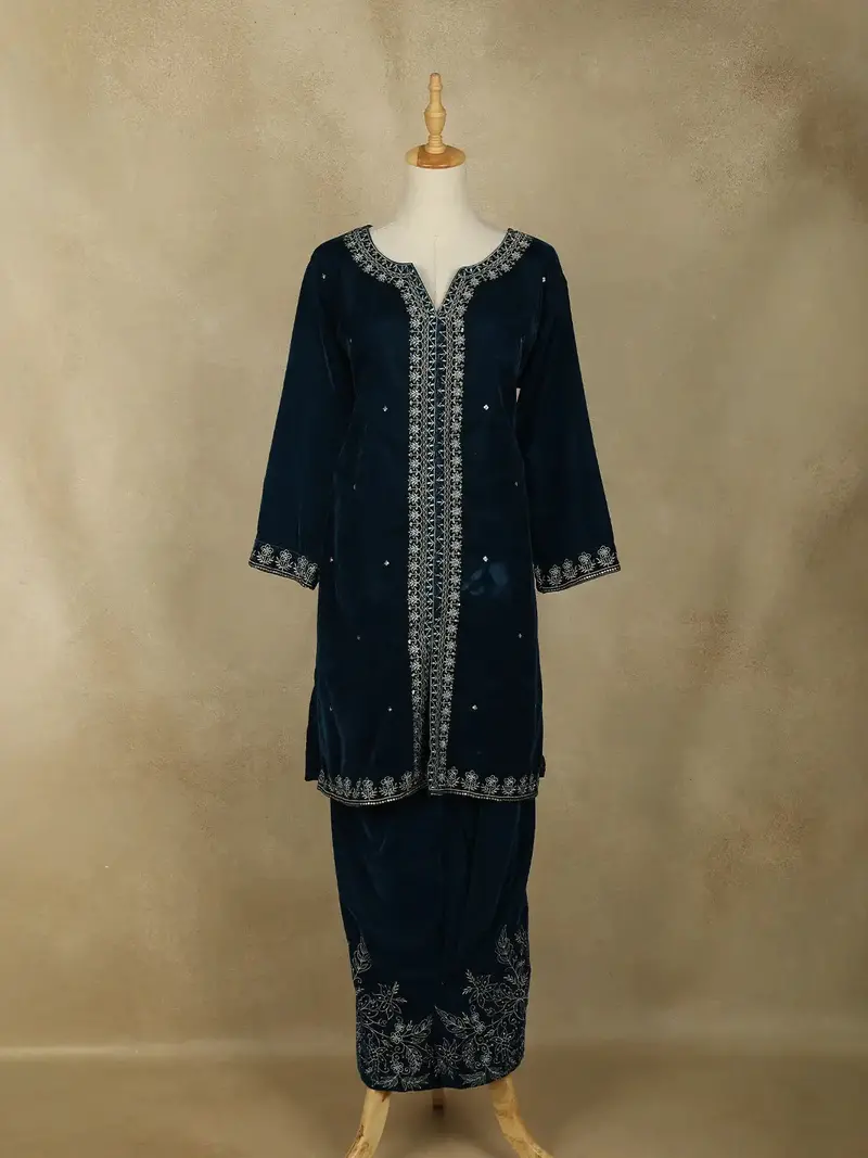 Navy Blue Floral Embroidered Velvet Co Ord Salwar Suit 1