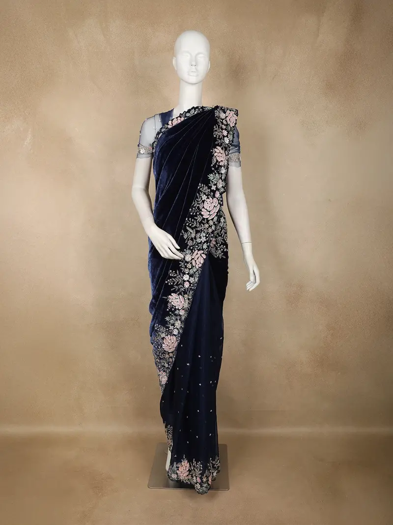 Navy Blue Floral Embroidered Velvet Designer Saree 1