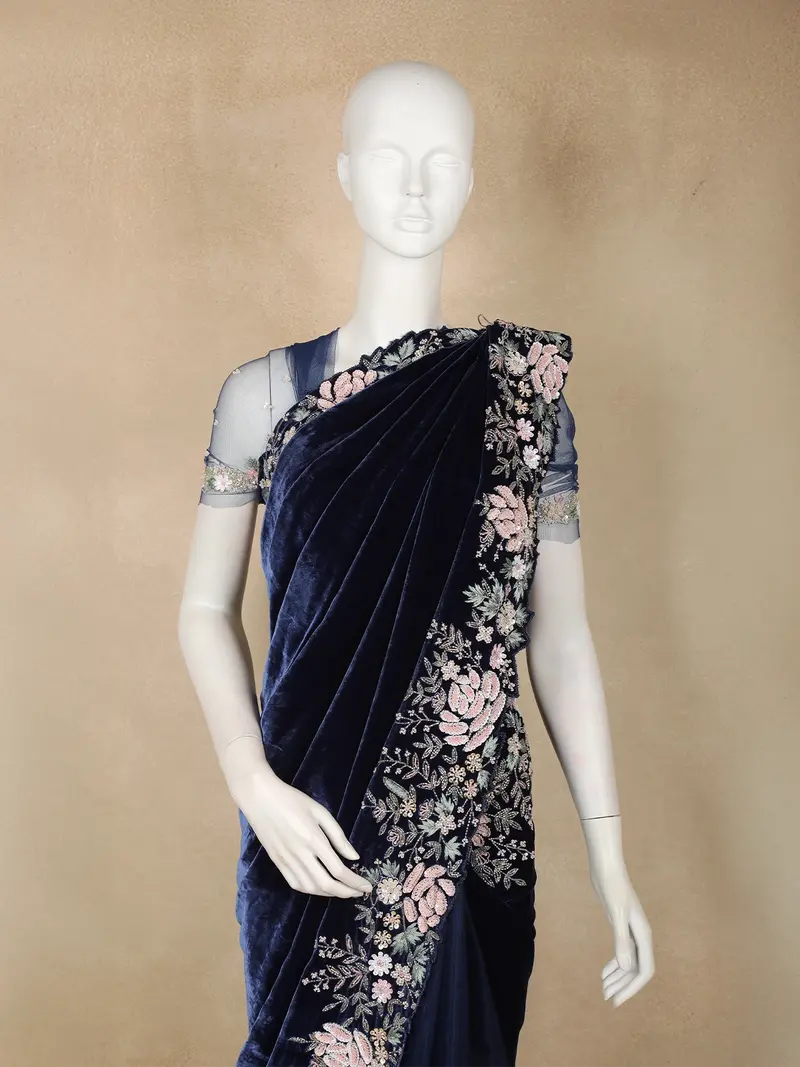 Navy Blue Floral Embroidered Velvet Designer Saree 2