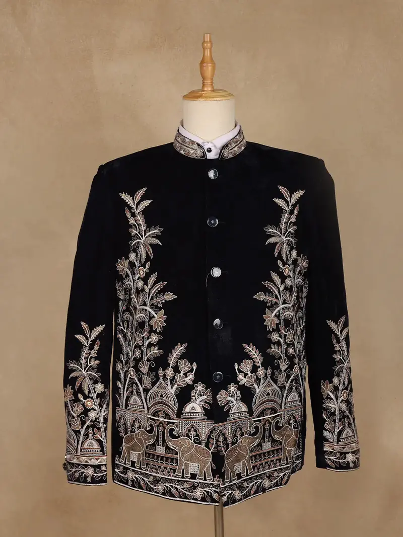 Navy Blue Floral Embroidered Velvet Men's Suit 1