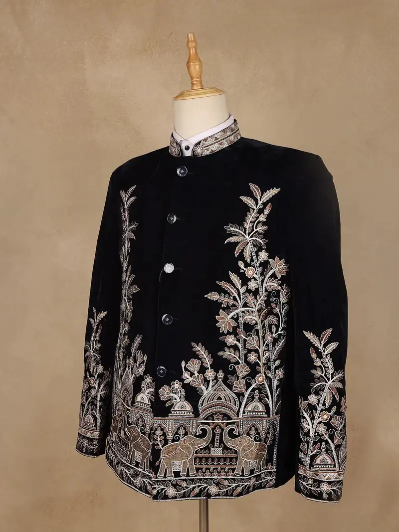 Navy Blue Floral Embroidered Velvet Men's Suit 3