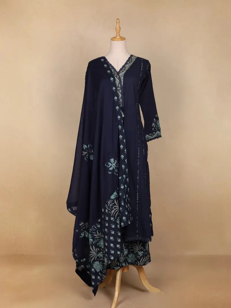 Navy Blue Floral Embroidery Cotton Salwar Suit 1