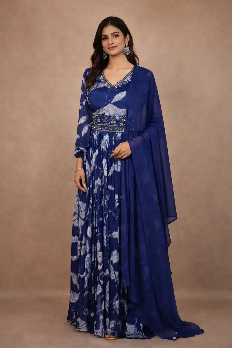 Navy Blue Floral Embroidery Crepe Gown 1