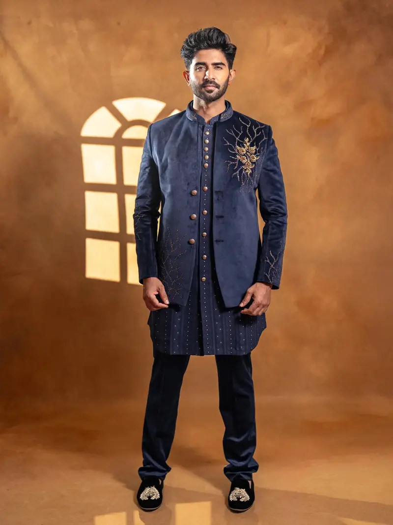 Navy Blue Floral Embroidery Jodhpuri Men's Suit 1