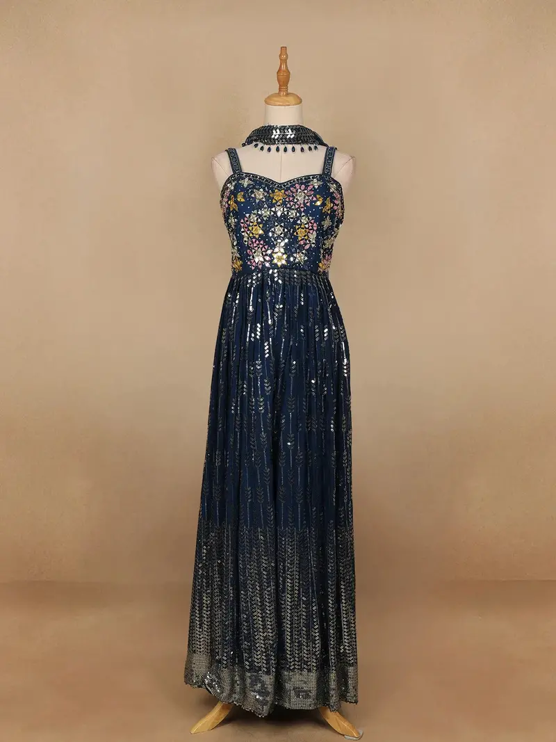 Navy Blue Floral Mirror Embroidery Georgette Jumpsuit 1