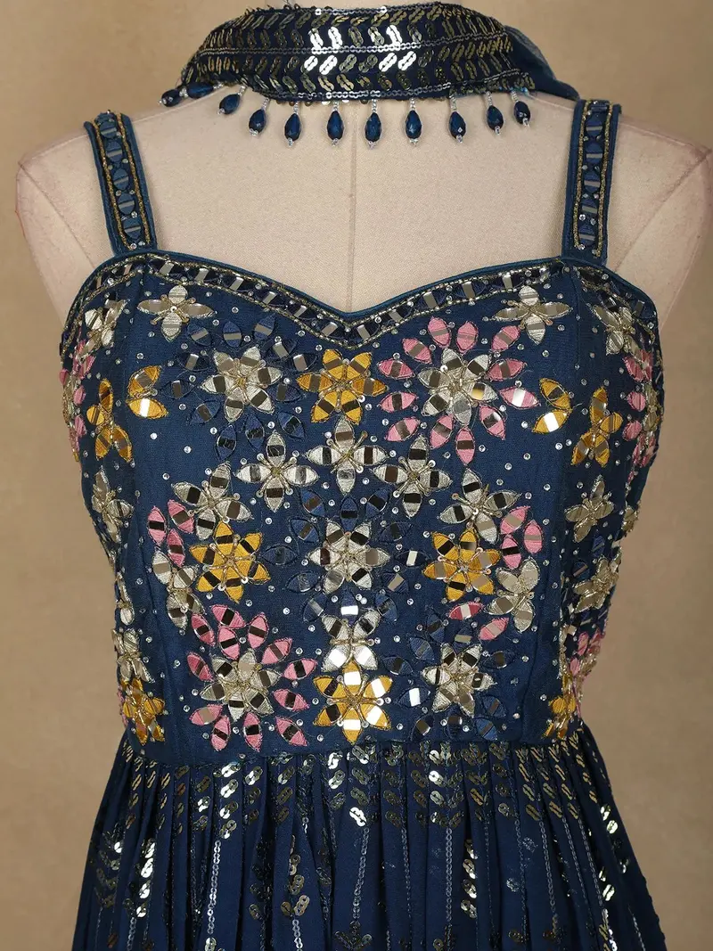 Navy Blue Floral Mirror Embroidery Georgette Jumpsuit 2