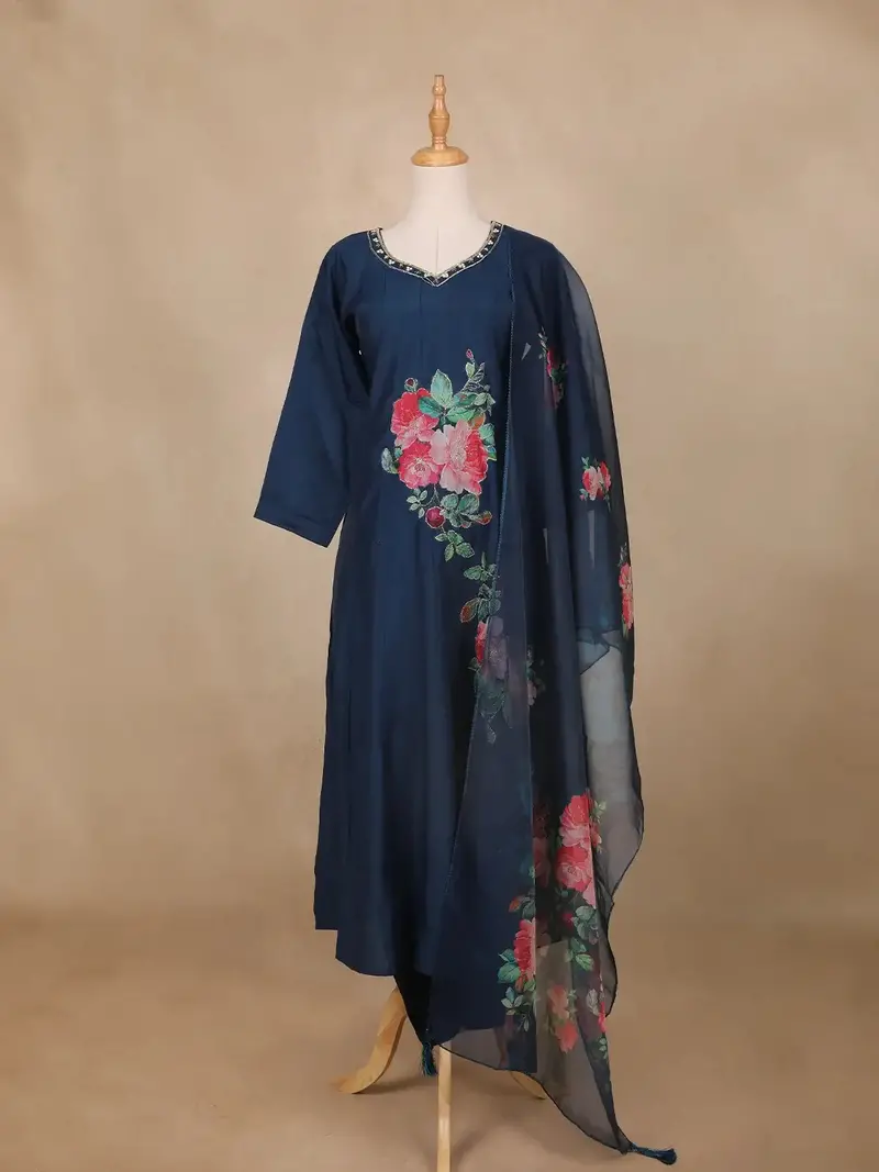 Navy Blue Floral Print Georgette  Salwar Suit 1