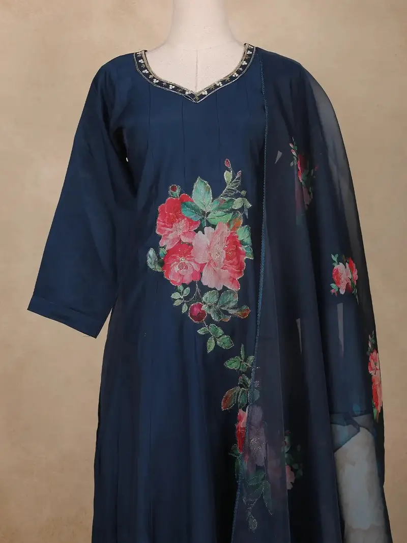 Navy Blue Floral Print Georgette Salwar Suit 2