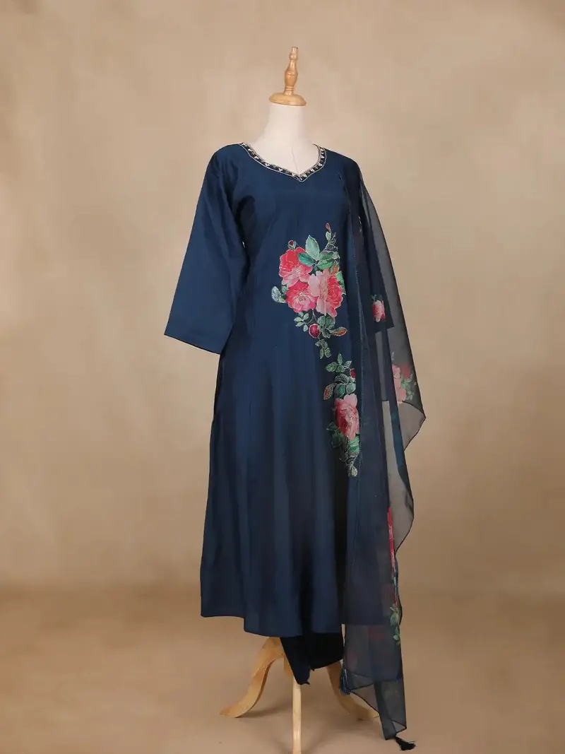 Navy Blue Floral Print Georgette Salwar Suit 3