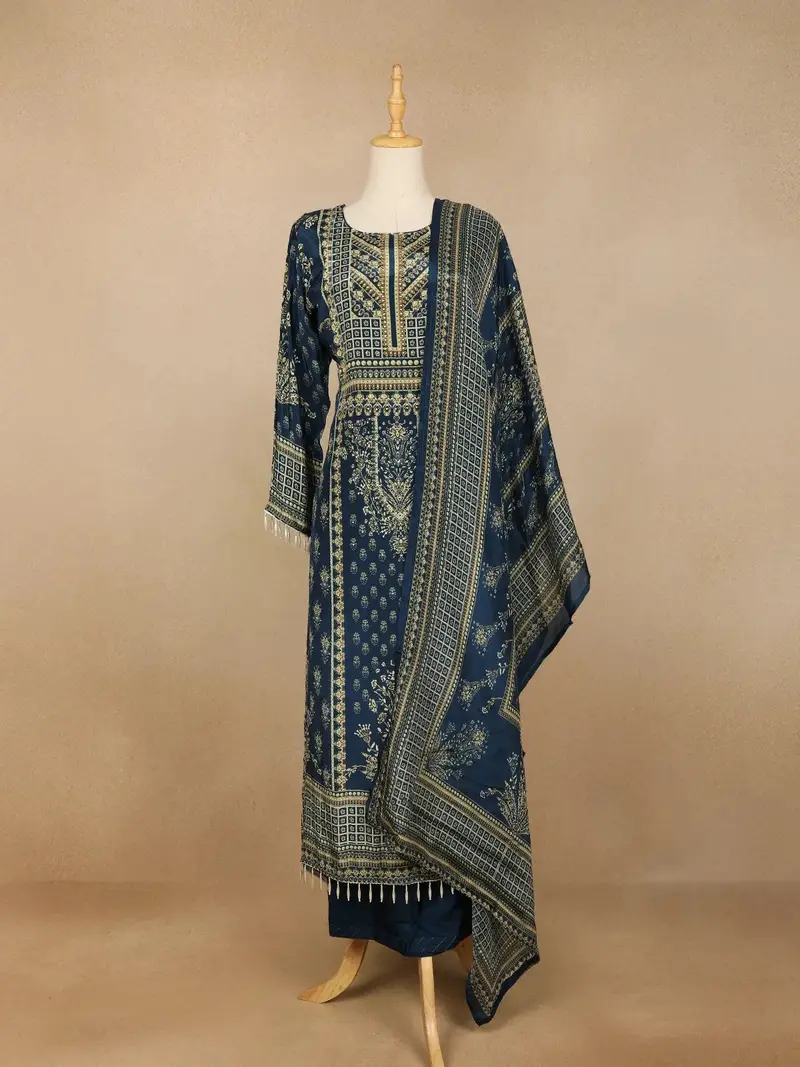 Navy Blue Floral Print Rayon Straight Cut Salwar Suit 1