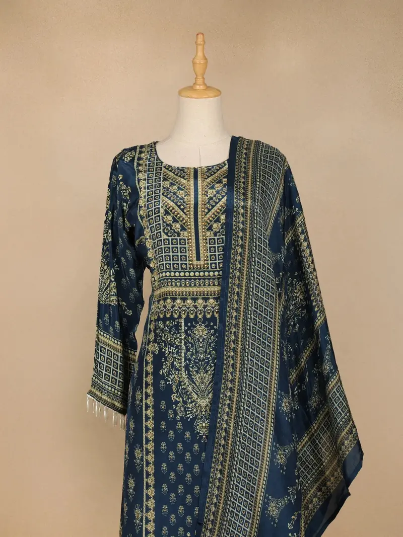 Navy Blue Floral Print Rayon Straight Cut Salwar Suit 2