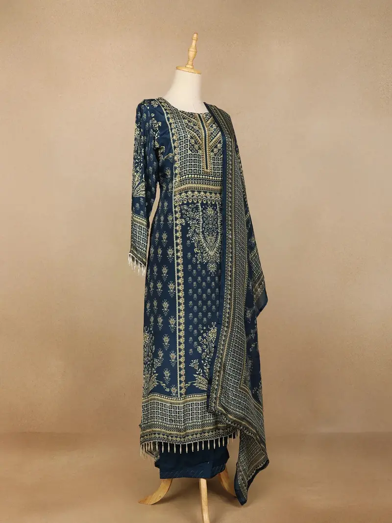 Navy Blue Floral Print Rayon Straight Cut Salwar Suit 3