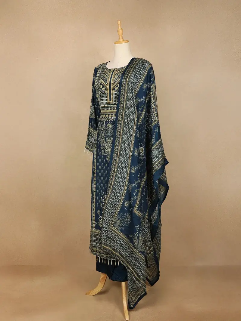 Navy Blue Floral Print Rayon Straight Cut Salwar Suit 4