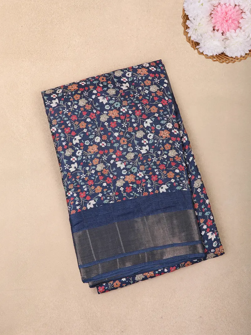 Navy Blue Floral Printed Chanderi Cotton Saree With Contrast Border 1