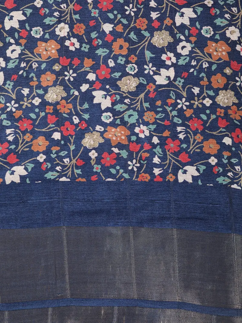 Navy Blue Floral Printed Chanderi Cotton Saree With Contrast Border 2