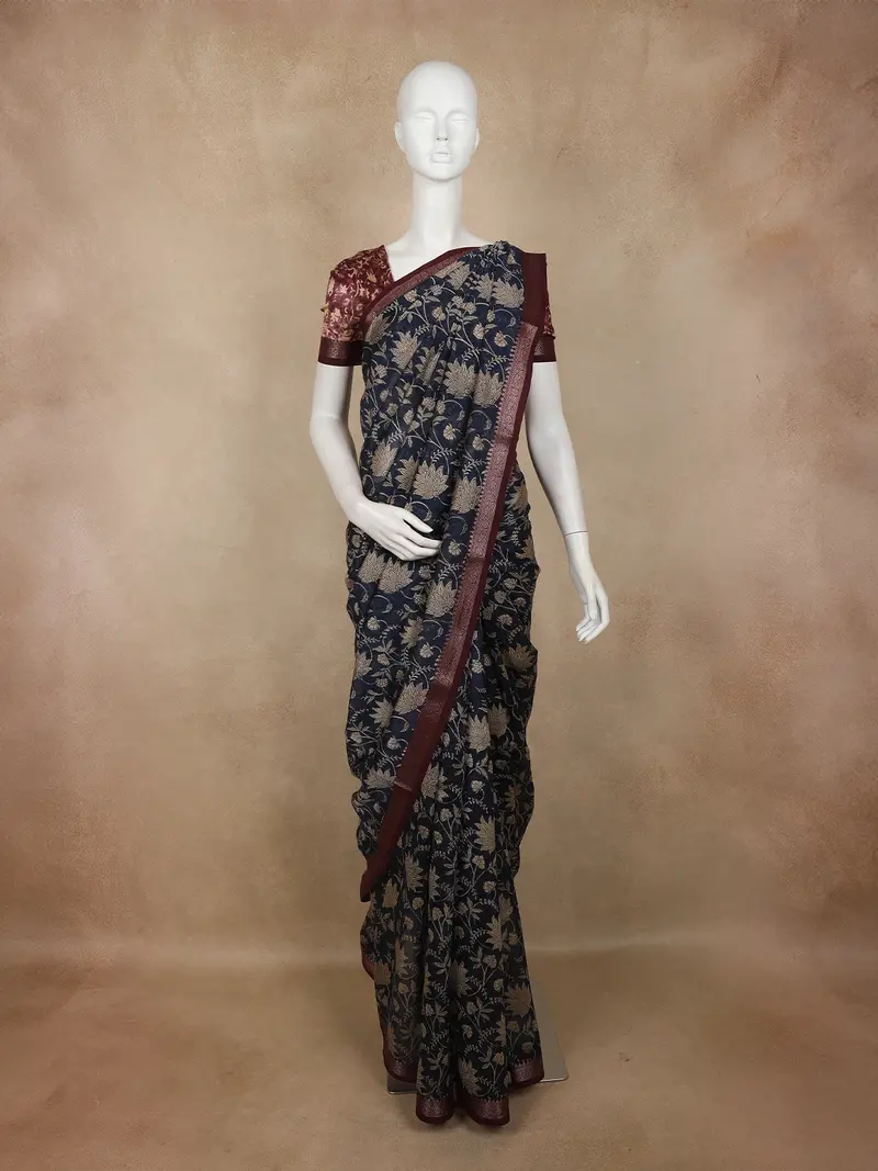 Navy Blue Floral Printed Chanderi Cotton Saree With Maroon Zari Border 1